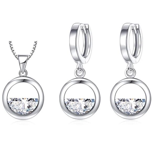 Jewelry - A166 SILVER TONE HOLLOW ROUND CUBIC ZIRCONIA EARRING AND NECKLACE SET